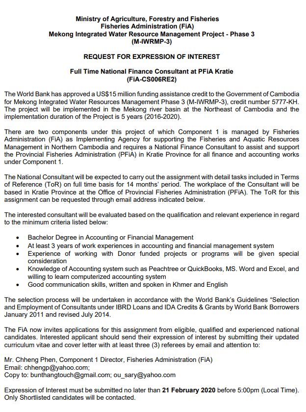 Full Time National Finance Consultant at PFiA Kratie (FiA-CS006RE2)