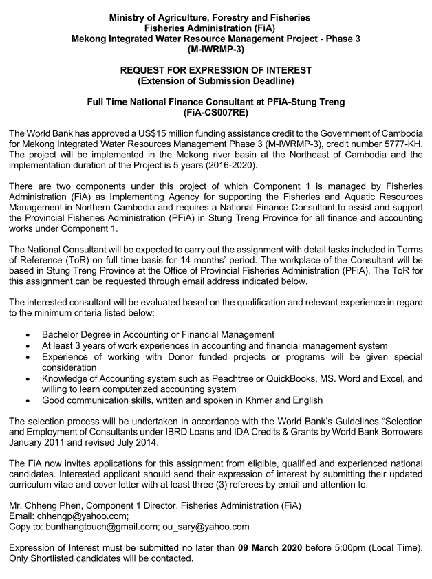 National Finance Consultant for PFiA-Stung Treng (FiA-CS007RE)