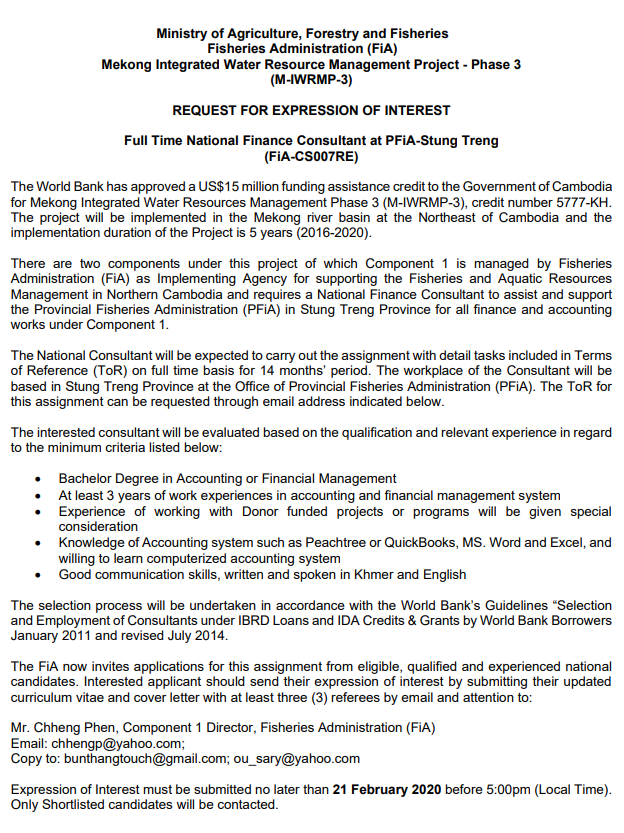 Full Time National Finance Consultant at PFiA Stung Treng (FiA-CS007RE)