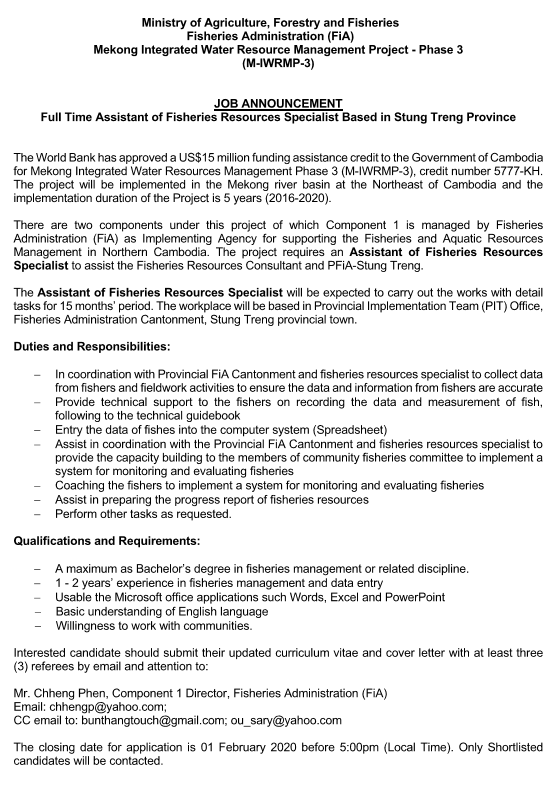 Full-Time Assistant of Fisheries Resources Specialist based in Stung Treng province