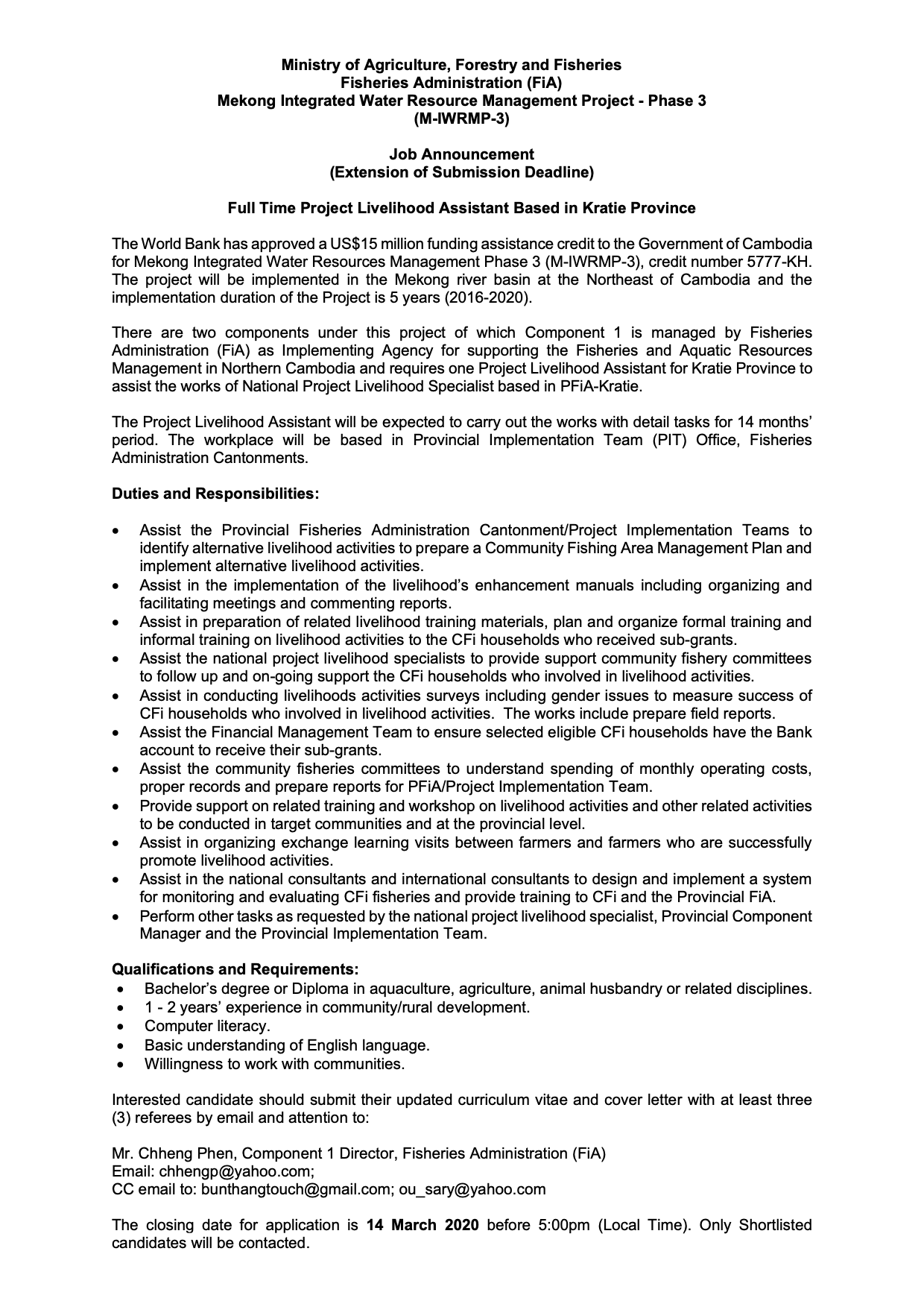 Full-Time Project Livelihood Assistant based in Kratie province
