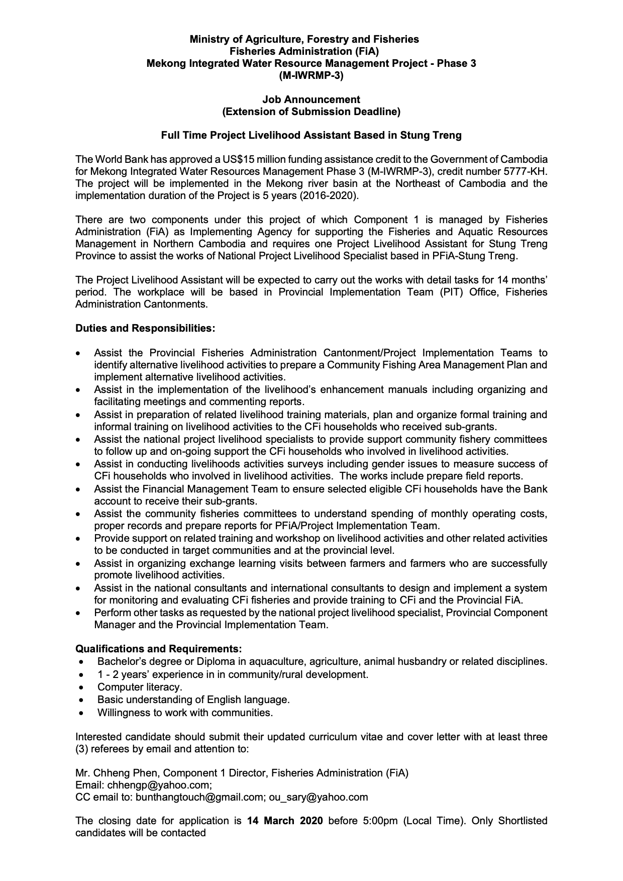 Full-Time Project Livelihood Assistant based in Stung Treng province